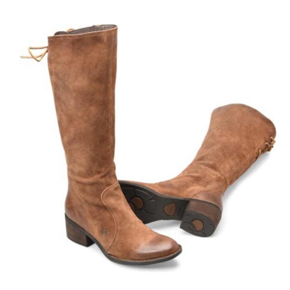 Born Felicia Tobacco Brown Suede Lace Up Tall Boot Size 8